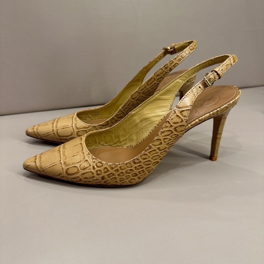 Tory Burch Croc-Embossed Slingback Kitten Heels